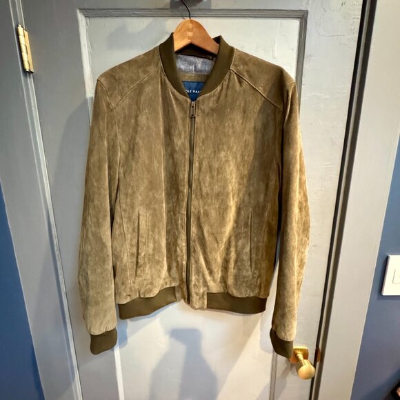 Cole Haan varsity soft olive green suede zip bomber jacket Size Medium - Picture 2 of 9